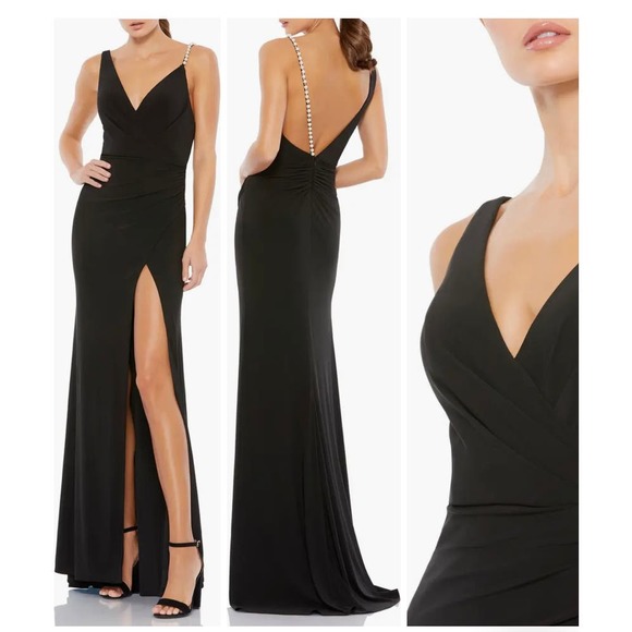 Mac Duggal Dresses & Skirts - Mac Duggal Pearl Crystal Strap V Neck Front Slit Gown Black 2